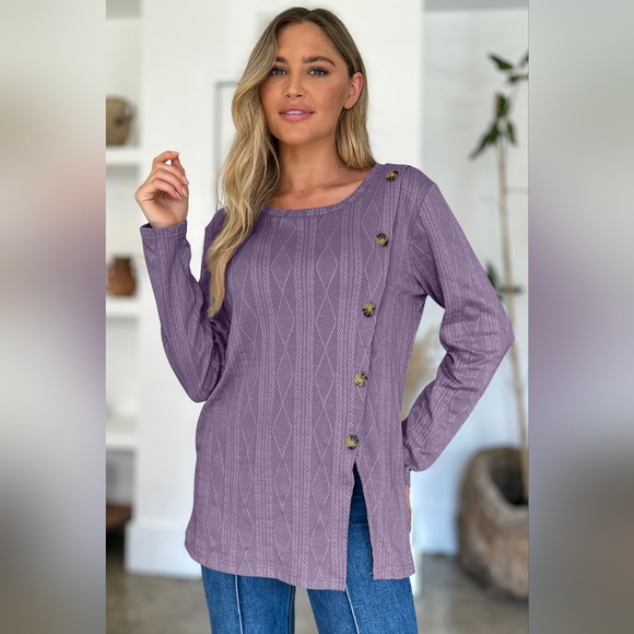 Slit Round Neck Long Sleeve Button T-Shirt - Picture 2 of 5